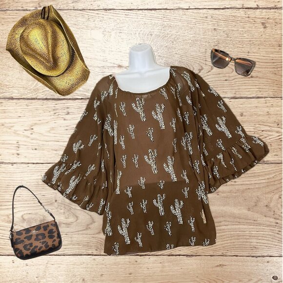 Cowgirl Hardware Leopard Cactus Blouse Sheer Western Top Women's XXL Flirty - Picture 1 of 10